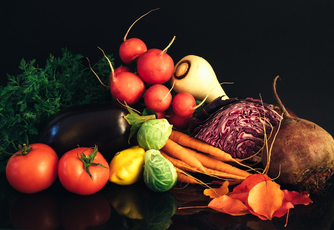 Winter vegetables: Brussels sprouts, kale, citrus, and cabbage
